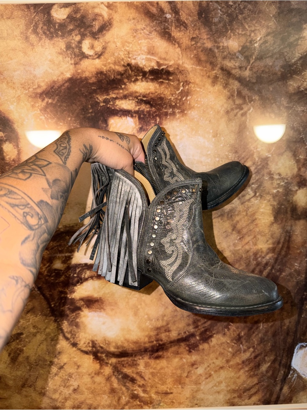 Sterling River Fringed Western Ankle Heeled Boots in Charcoal Gray size 7